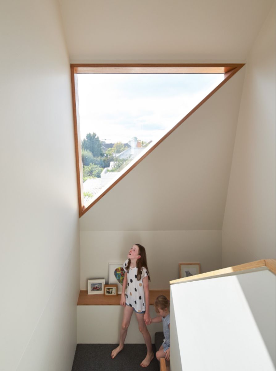 The stairs with stairwell windows.
