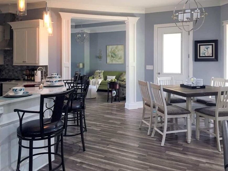 An open layout view of the kitchen, breakfast nook, and living room.