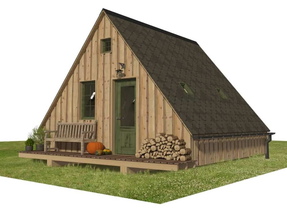 Front rendering showcasing its a-frame exterior, wood cladding, and a deck.