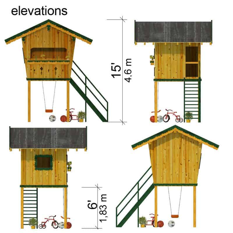 Elevations of the lookout wooden playhouse.
