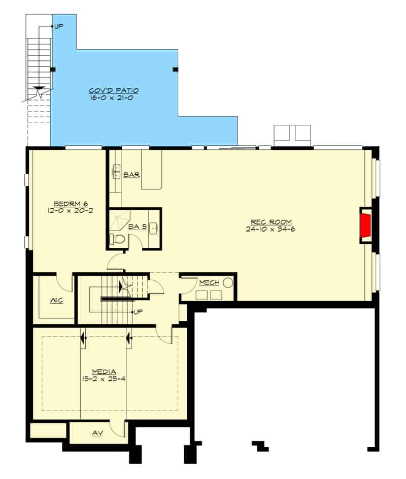 Lower level floor plan with a bedroom, media room, and an enormous rec room with a wet bar and patio access.