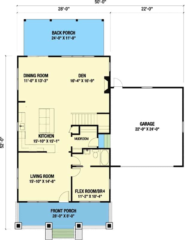 Main level floor plan of a 4-bedroom craftsman style two-story cottage with living room, kitchen, dining area, den, flex room, and a mudroom that opens to the garage.
