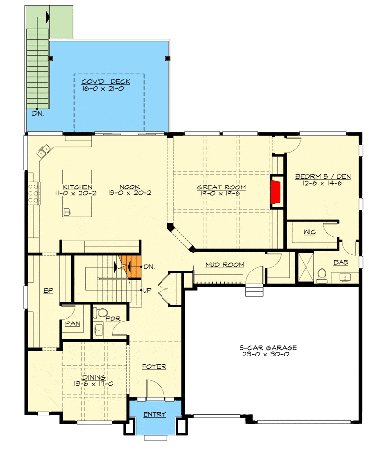 Main level floor plan of a two-story 6-bedroom craftsman home with foyer, dining room, kitchen, breakfast nook, great room, a bedroom, and mudroom leading to the garage.