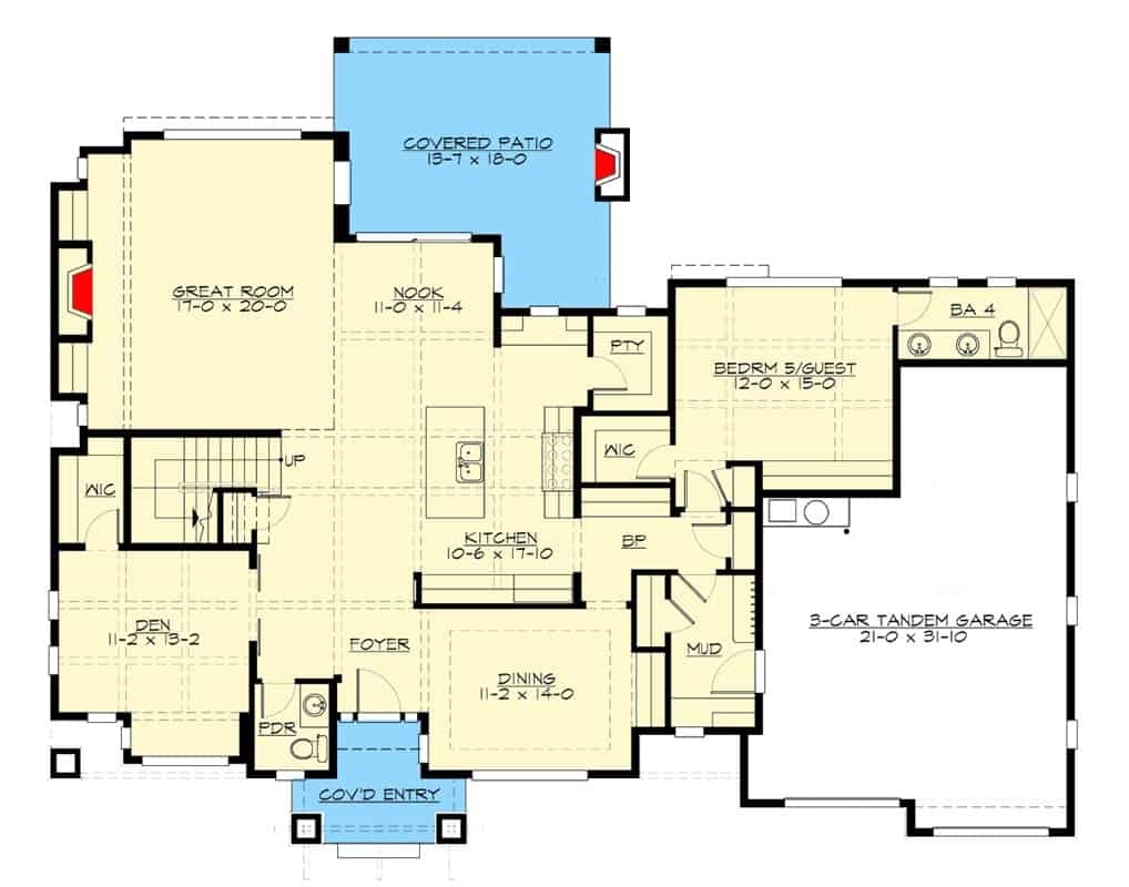 Main level floor plan of a two-story Northwest 5-bedroom craftsman home with foyer, den, dining room, great room, breakfast nook, kitchen, guest room, and a mudroom that opens to the garage.
