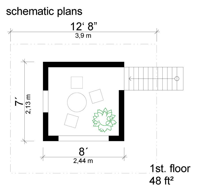 Schematic floor plan of a lookout wooden playhouse with a 48 sq. ft. main room.