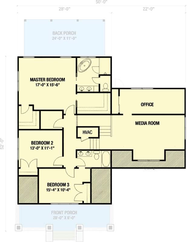 Second level floor plan with three bedrooms, a media room, and a home office.