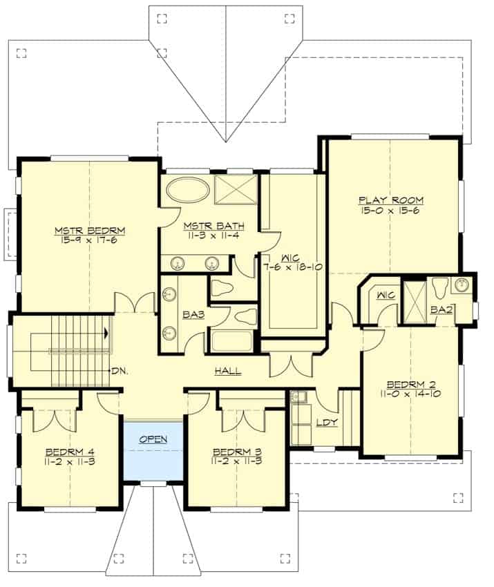 Second level floor plan with four bedrooms, three bathrooms, a laundry room, and a playroom.