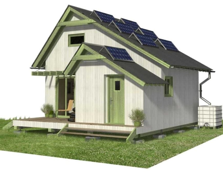 Front rendering with wooden siding, an open porch, and gable roofs topped with solar panels.