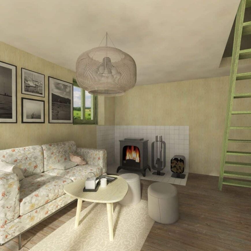 A wood-burning stove over tiled flooring warms the living room.