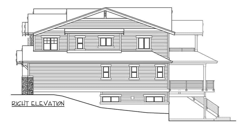 Right elevation sketch of the two-story 6-bedroom craftsman home.