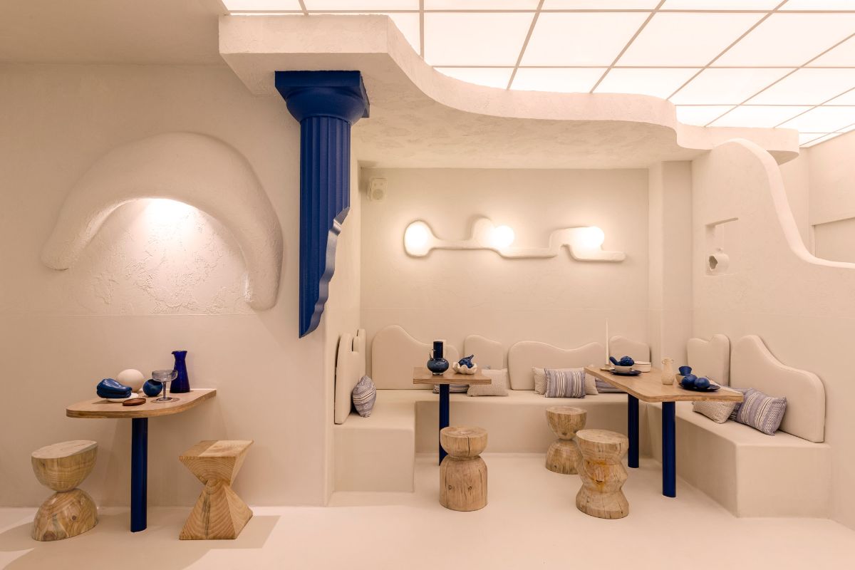 A Greek design restaurant with cementish finish