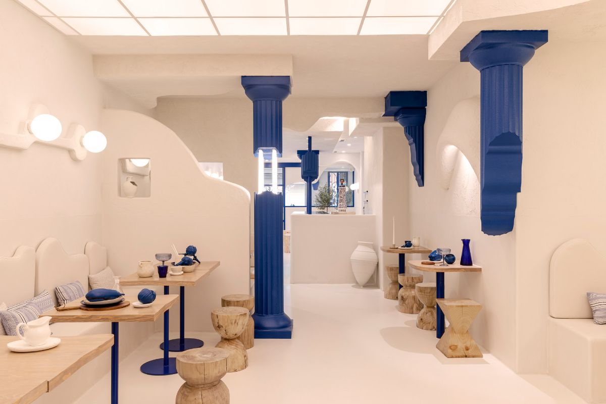 A stucco-like finish is applied take the form of organic restaurant wall sculptures.
