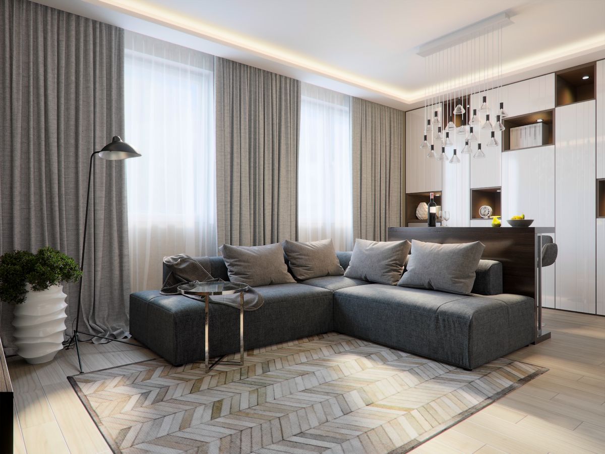 A living room with curtain patterns and sofa.