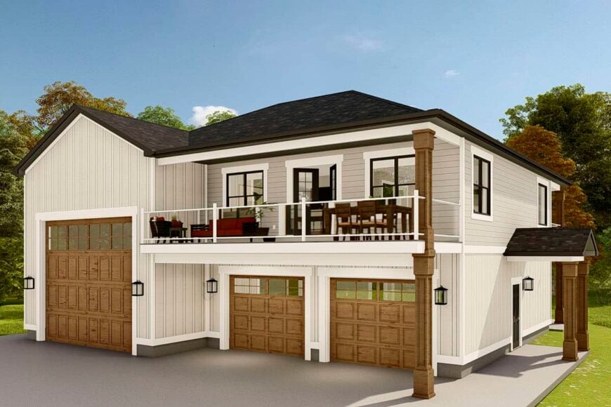 Front-right rendering with double and RV garages, a spacious deck, and a side porch.