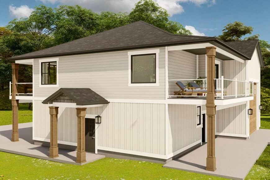 Right-rear rendering with a closer view of the side porch supported by carved wooden pillars.