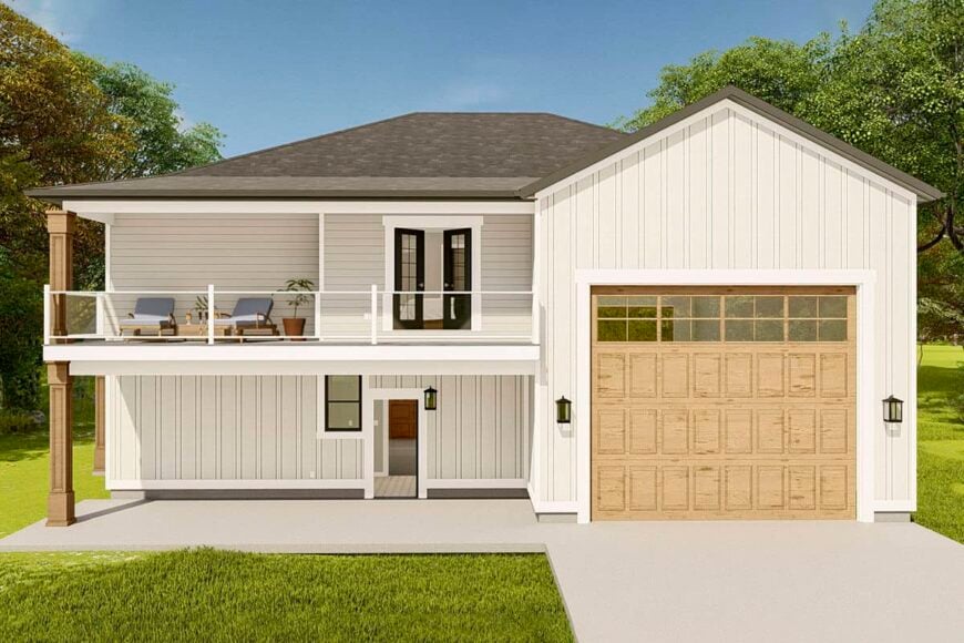Rear rendering with a covered deck and drive-through RV garage.