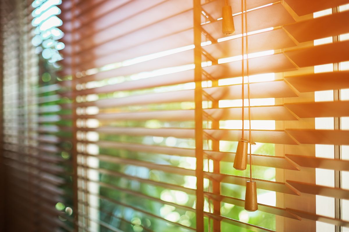 A room window with blinds.