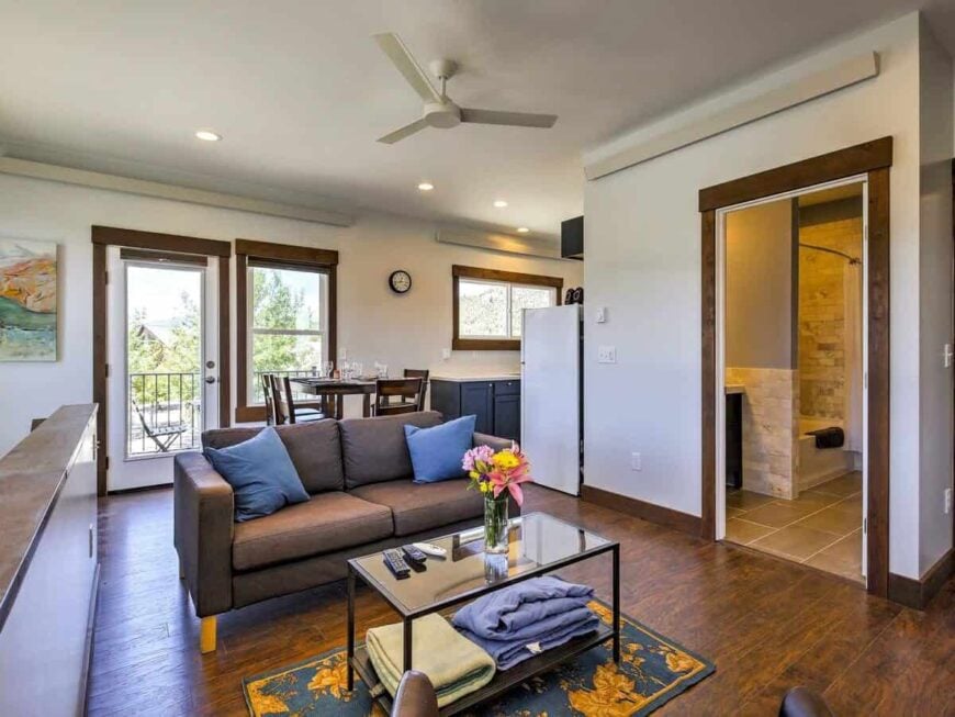 Across the living room is the common bathroom.
