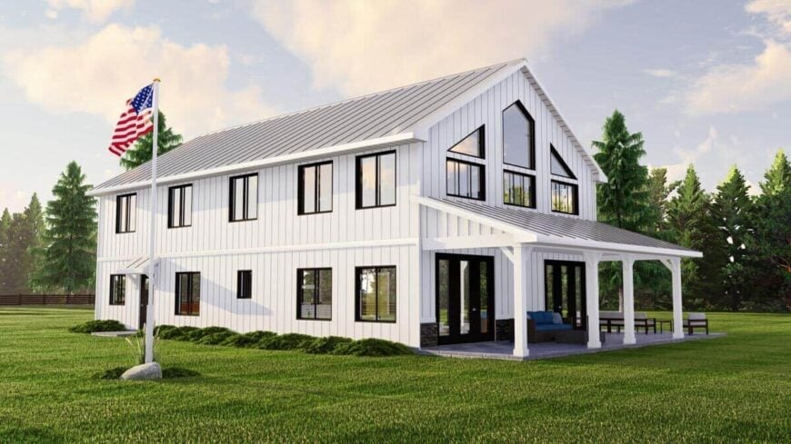 Rear-left rendering with a covered porch and plenty of large windows.
