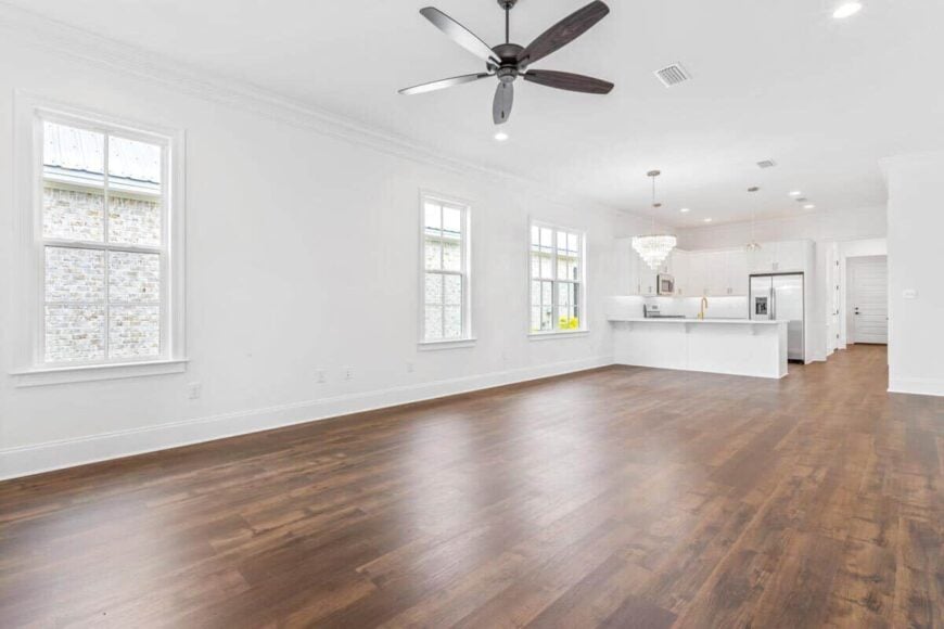 The living room opens completely to the dining space and kitchen.