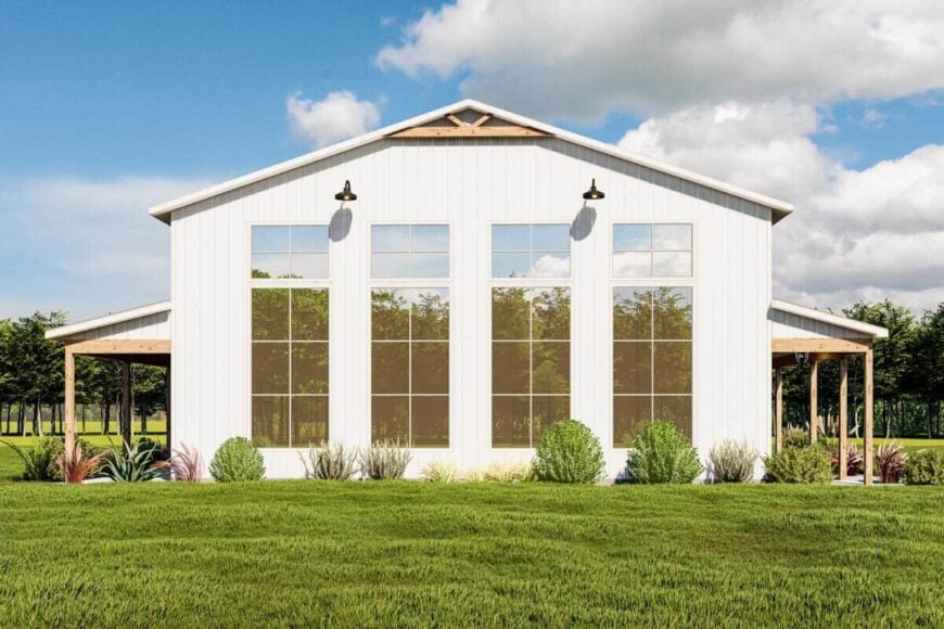 Left rendering with tall windows and a gable roof accentuated with wood trims.