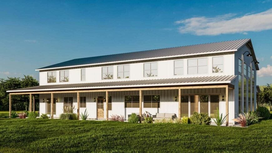 Rear rendering with a multitude of windows and a covered porch.