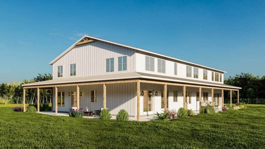 Right rendering showcasing the wraparound porch bordered by wooden pillars.