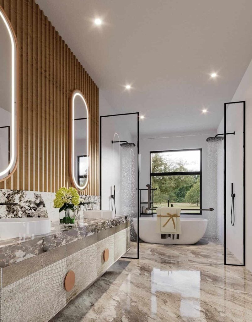 The primary bathroom includes a wet room with two showerheads and a deep soaking tub.