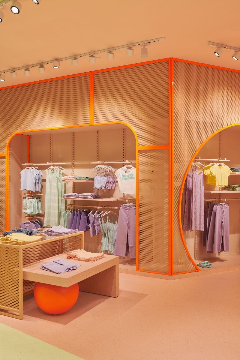 The shelves and racks of the store.