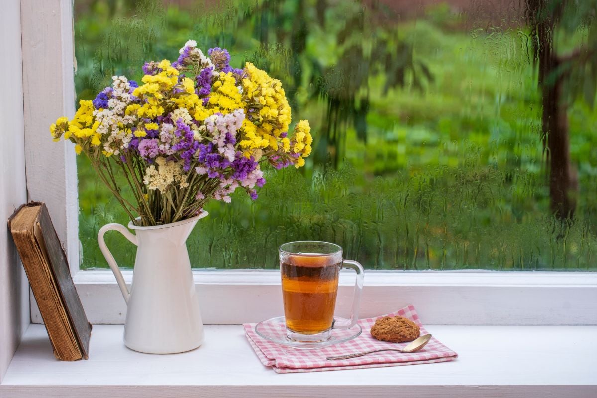 Garden windows with flower vase and a cup of tea.