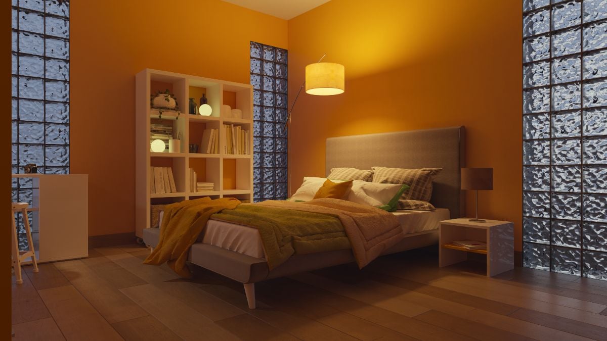 A cozy room with Glass Block Windows.