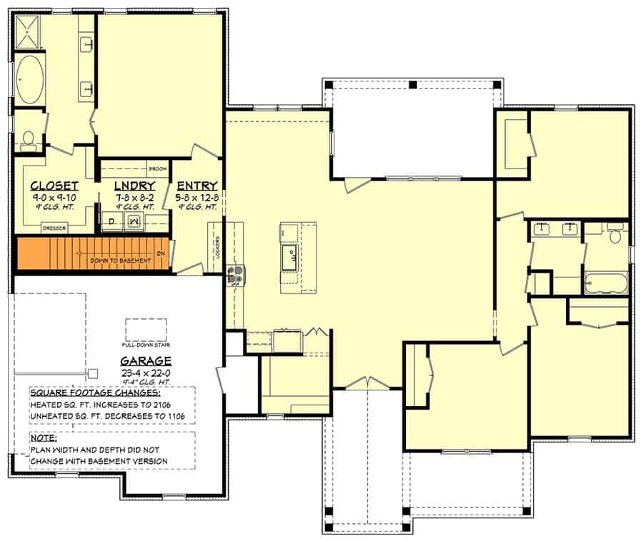 Main level floor plan showing the basement stairs location.