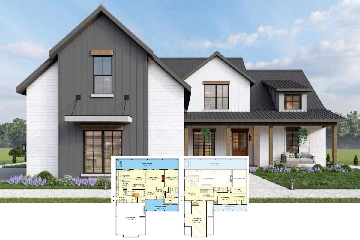 Discover This Stunning 2,499 Sq. Ft. New American Farmhouse with a Striking Facade and Open Living Area (Floor Plan)