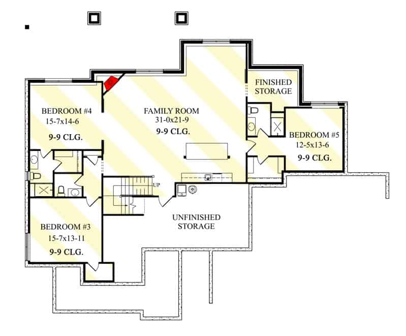 Lower level floor plan with a bedroom, rec room, sports court, and a family room with a wet bar.