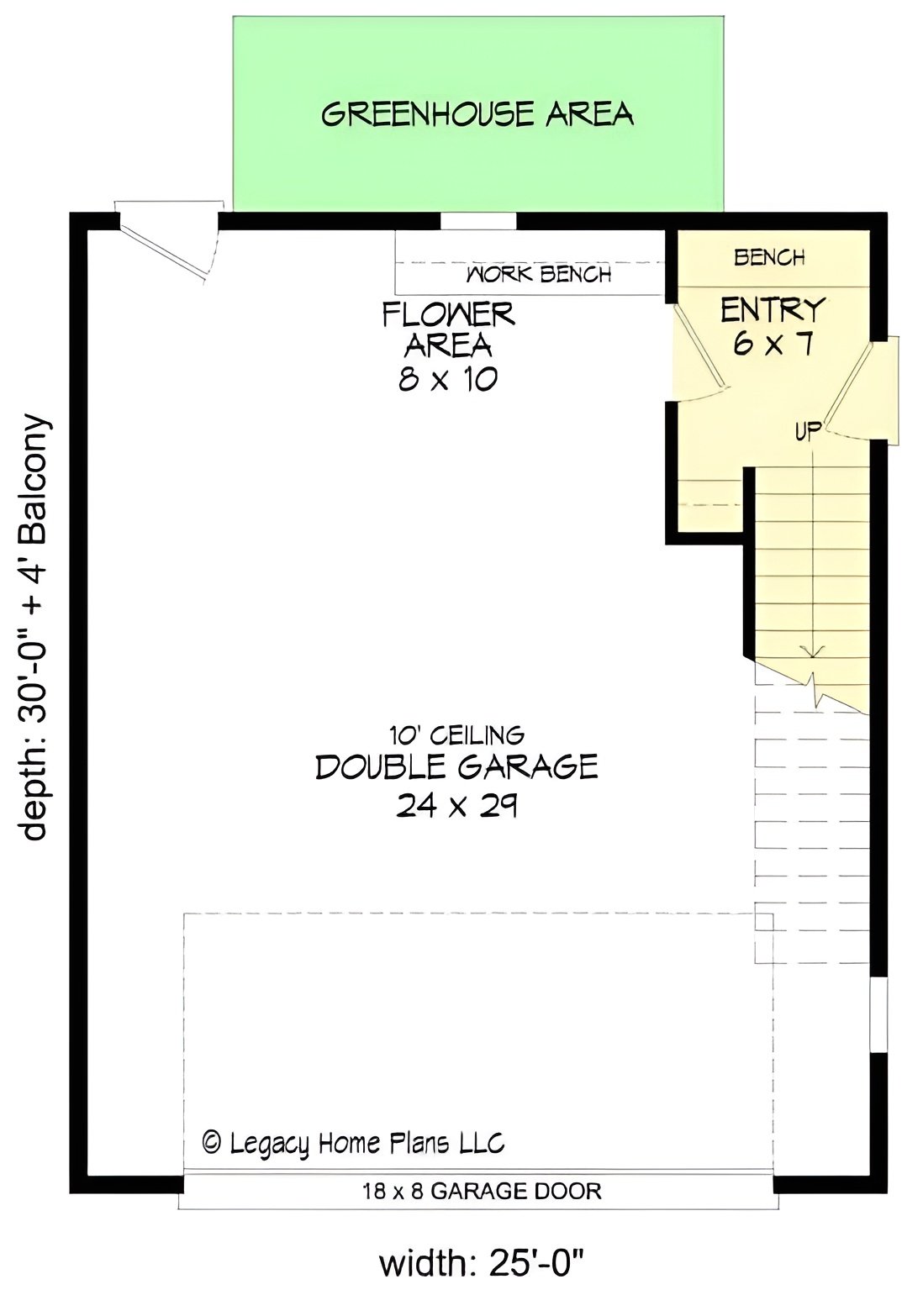 Main level floor plan of a 2-bedroom two-story carriage home with a double garage, a flower area, and a greenhouse area.