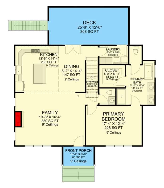 Main level floor plan of a 3-bedroom cape cod style two-story home with family room, dining area, kitchen, primary bedroom, and laundry room that opens to the rear deck.