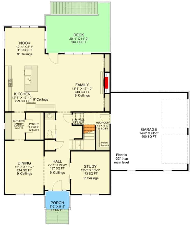 Main level floor plan of a 4-bedroom two-story New American home with foyer, dining room, study, family room, kitchen, breakfast nook, and a spacious rear deck.