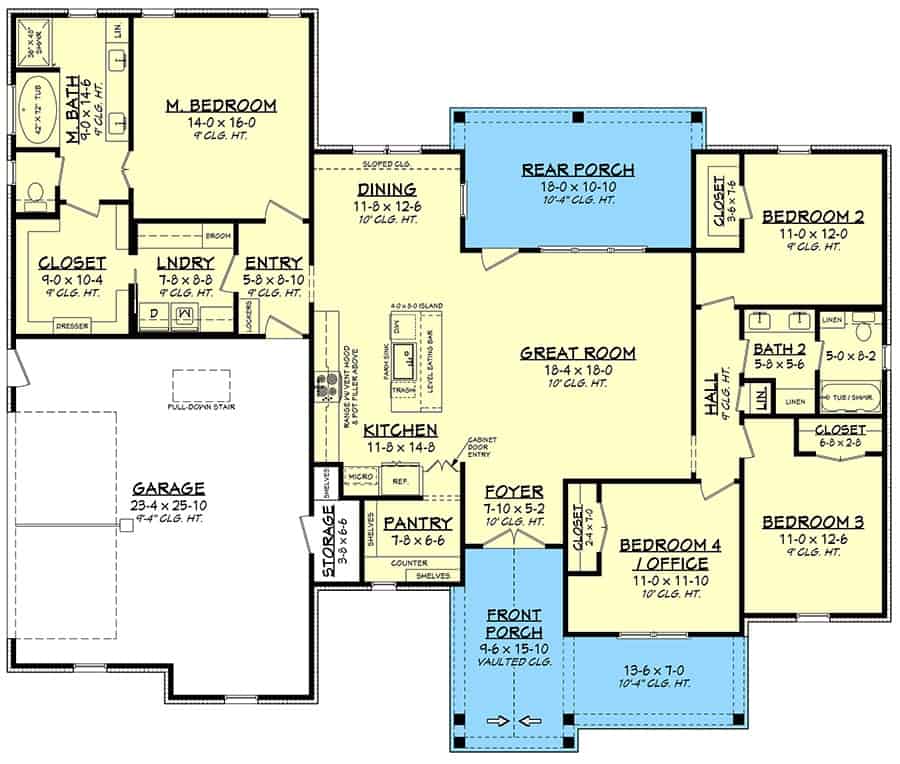 Main level floor plan of a single-story 4-bedroom New American farmhouse with front and rear porches, foyer, great room, laundry room, and double garage.