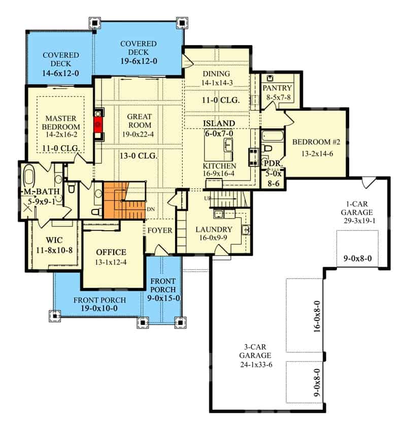 Main level floor plan of a single-story 5-bedroom New American home with foyer, living room, kitchen, dining area, great room, primary bedroom, and mudroom that opens to the garage.