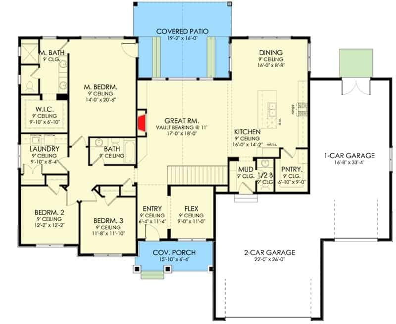 Main level floor plan of a single-story transitional style 5-bedroom New American home with a foyer, great room, kitchen, dining area, three bedrooms, and a mudroom leading to the garage.