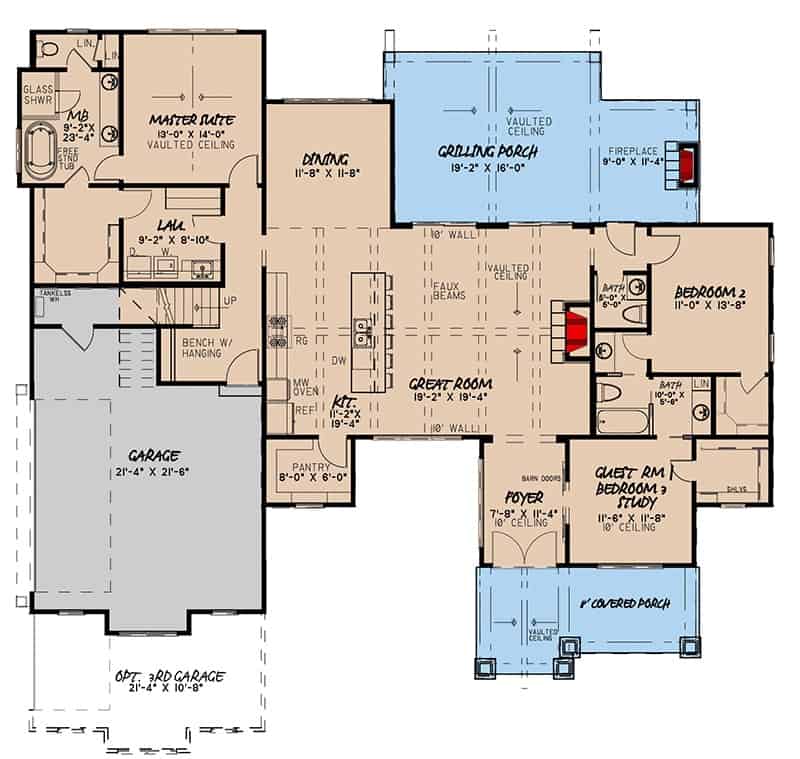 Main level floor plan of a two-story 3-bedroom farmhouse with a foyer, great room, kitchen, dining area, a mudroom leading to the garage, and plenty of outdoor space.