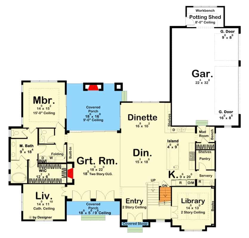 Main level floor plan of a two-story modern 4-bedroom cottage with great room, kitchen, dining area, breakfast nook, library, living room, primary bedroom, and mudroom leading to the garage.