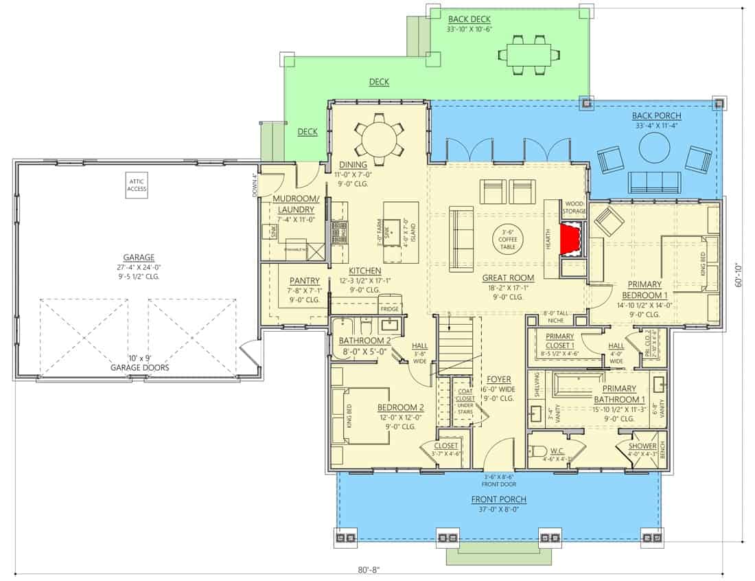 Main level floor plan of a two-story modern 4-bedroom farmhouse with foyer, great room, kitchen, dining area, two bedrooms, a mudroom leading to the garage, and plenty of outdoor space.