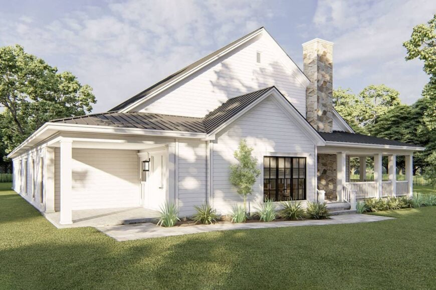 Left rendering with a grilling porch and a wraparound porch bordered with white railings and columns.