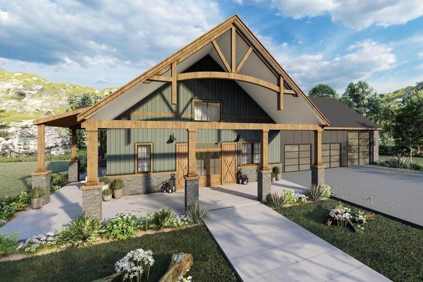 Front rendering with a 3-car garage and covered entry porch framed with exposed trusses.