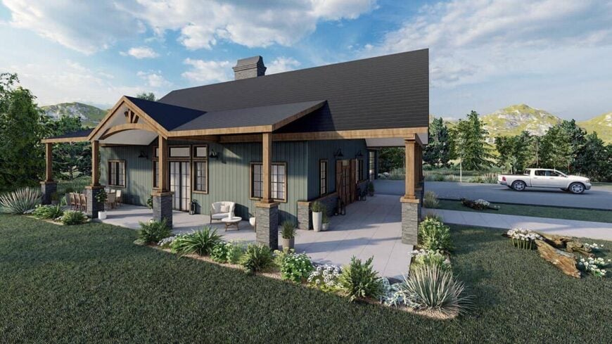 Rear-left rendering showcasing the covered porches bordered by tapered columns.