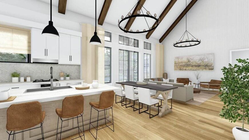 The dining area in the middle features a rustic dining set paired with metal chairs.