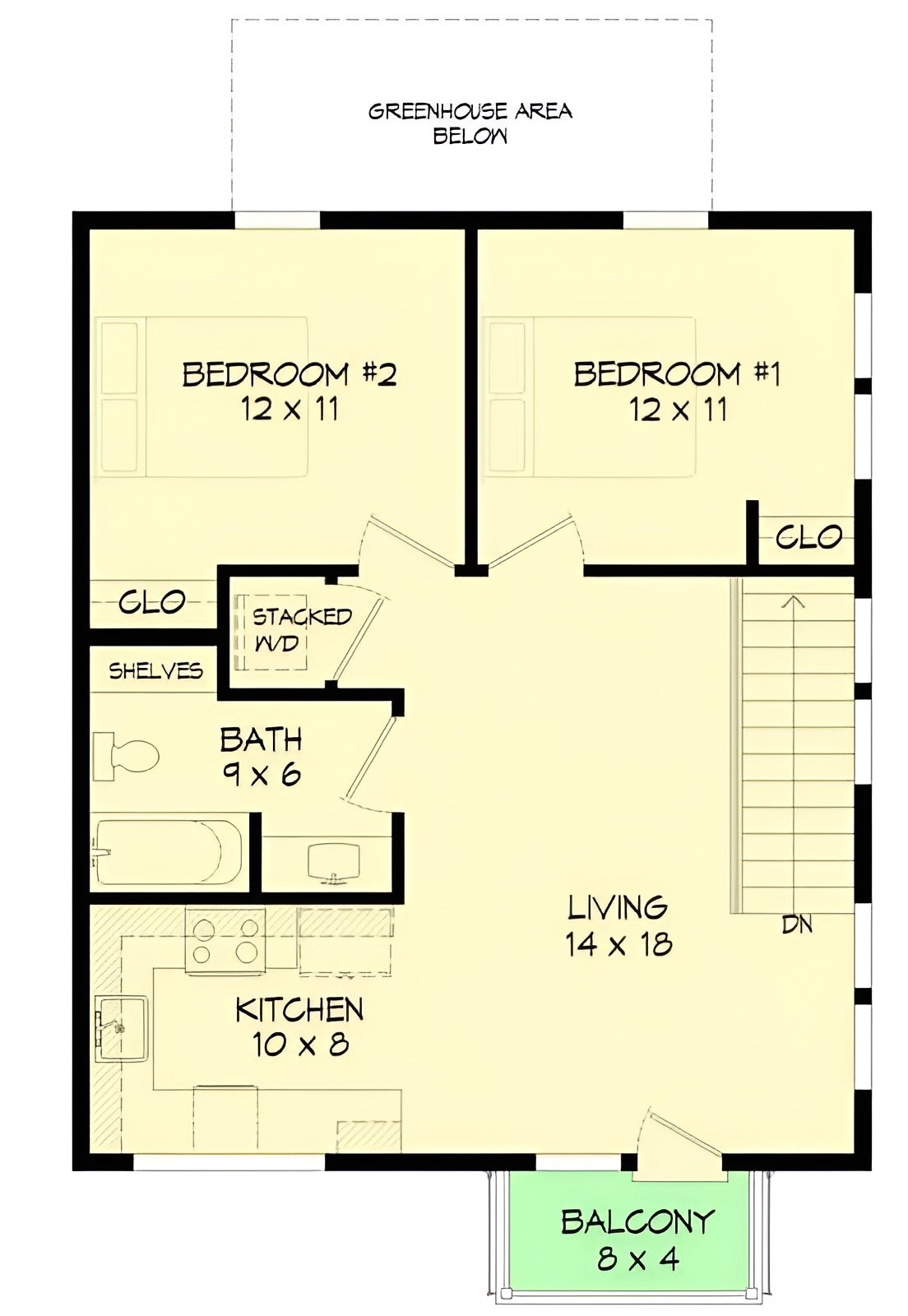 Second level floor plan with two bedrooms, a shared bath, kitchen, and living space.