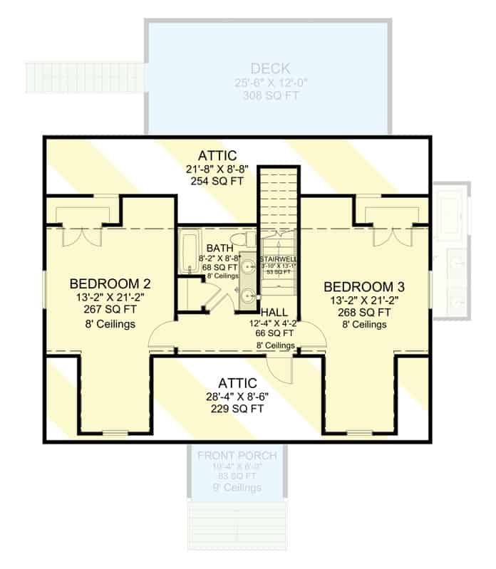 Second level floor plan with two bedrooms separated by a 4-fixture bathroom.