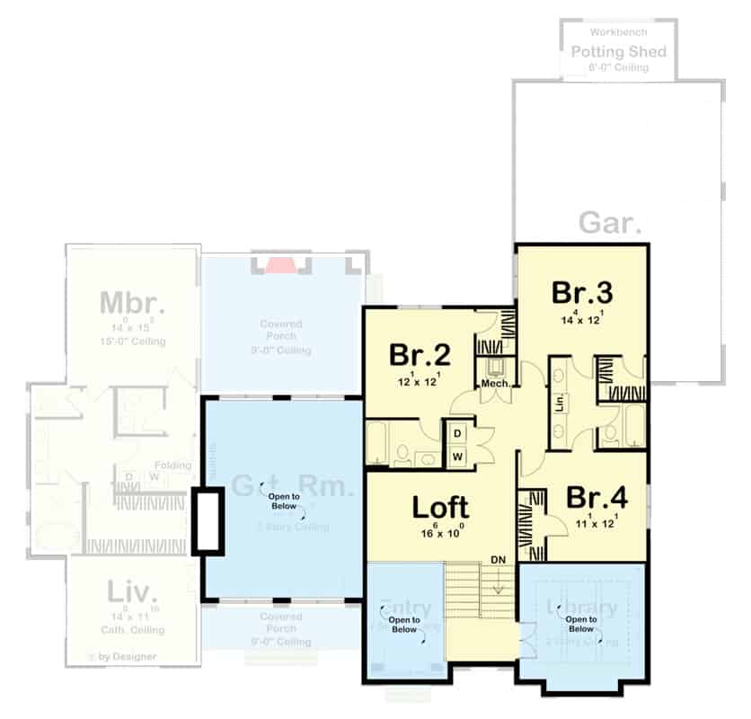 Second level floor plan with three bedrooms and a loft.